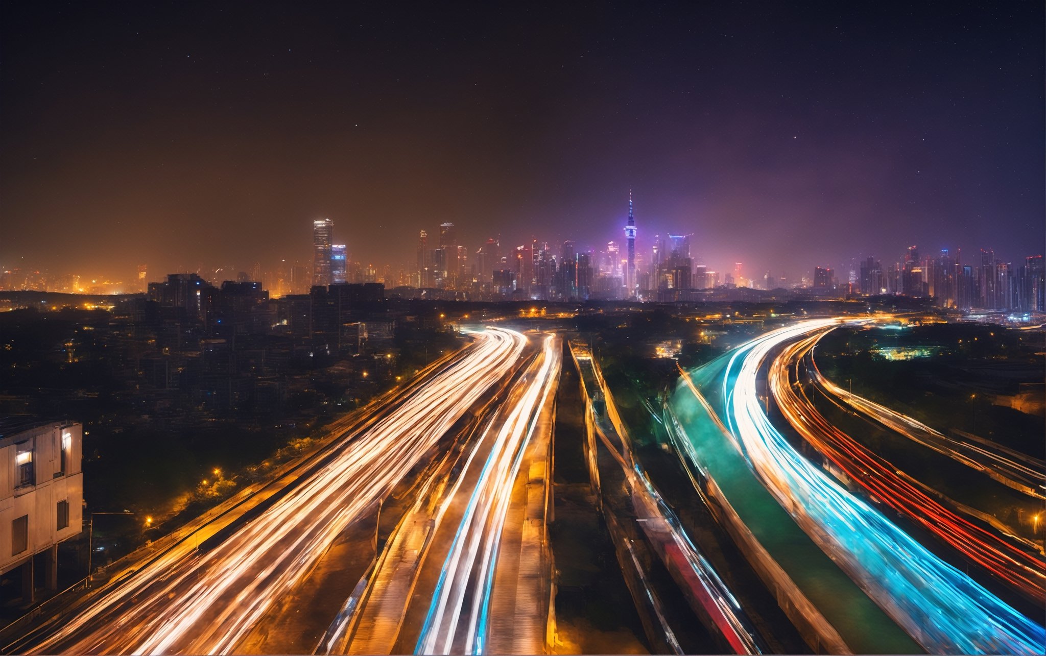 RAW photograph, shot with Canon6D Mark 2, 50mm Nikon, photorealistic, ultrarealistic masterpiece, highly detailed face and skin texture, realistic skin, high contrast, high resolution, evening lighting, mood lighting, best quality

wide angle shot of a futuristic city skyline at night, motion blur, neon lighting, starry clear night