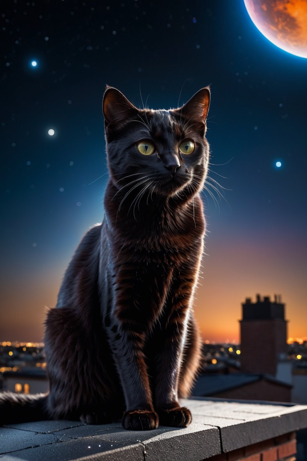 RAW photograph, shot with Canon6D Mark 2, 50mm Nikon, photorealistic, ultrarealistic masterpiece, highly detailed face and skin texture, realistic skin, high contrast, high resolution, evening lighting, mood lighting, best quality

black cat standing on roof of a building staring into space, visible planets and galaxies, facing away from viewer