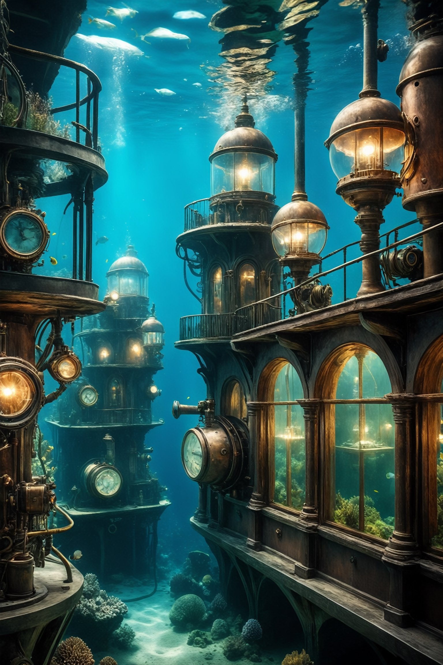 high res, photograph, photorealistic, hyperealistic, hyperealistic, 4k, 8k, nikon, 

underwater steampunk city, gas lights, sea life