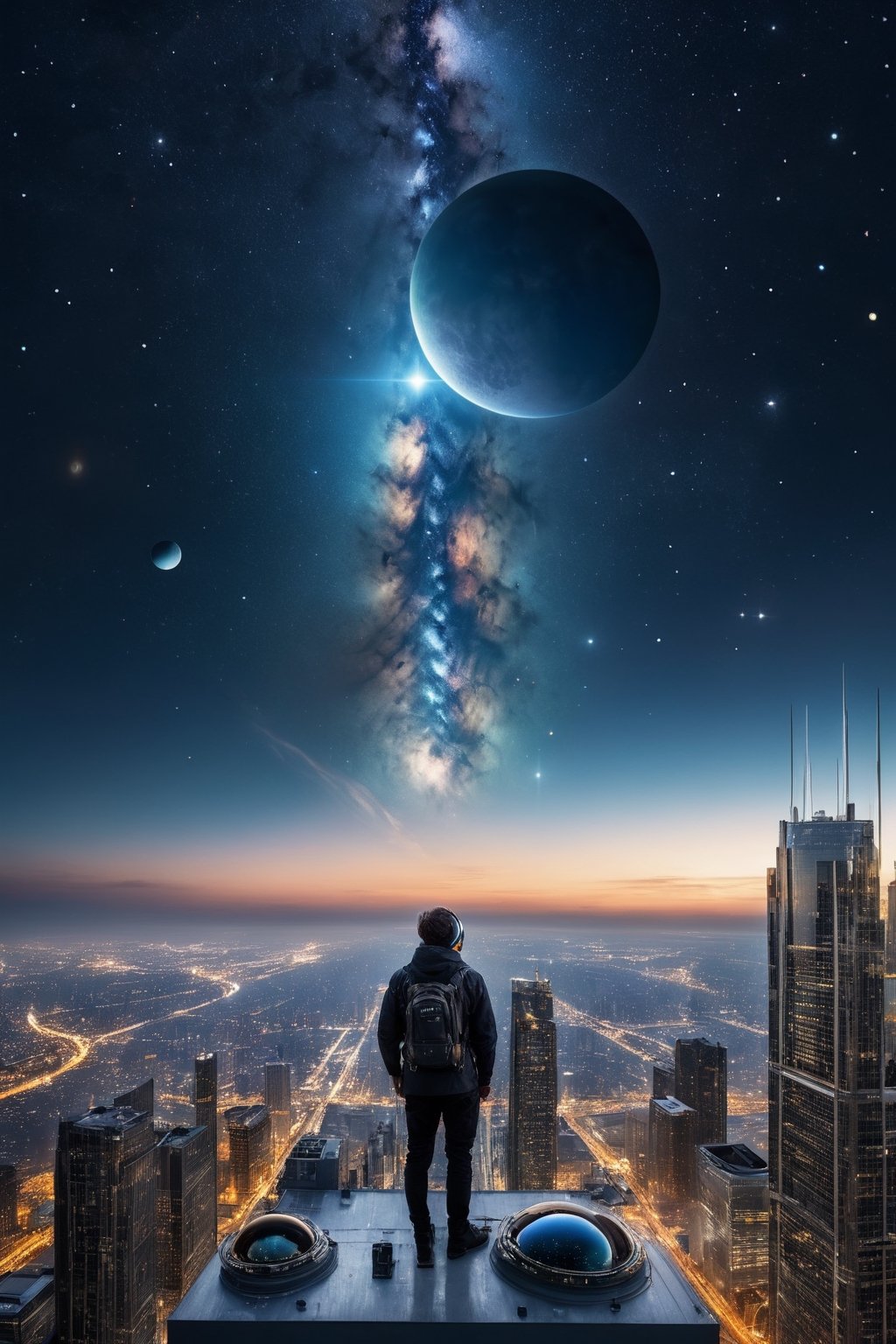 high res, photograph, photorealistic, hyperealistic, hyperealistic, 4k, 8k, nikon, standing on the roof of a skyscraper in the future, starting into night sky, stars, planets, nebulae, 2 moons 