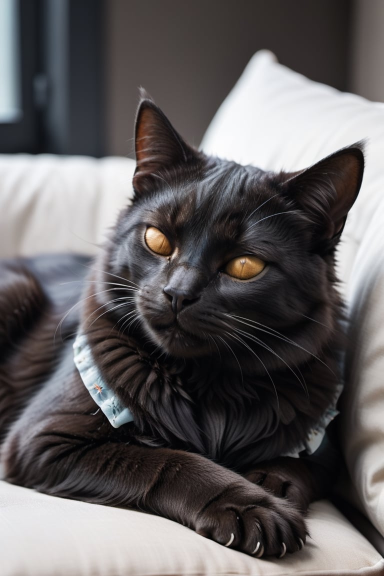 a cute black cat, sleeping, eyes closed, laying on pillow on top of table, zoomed out