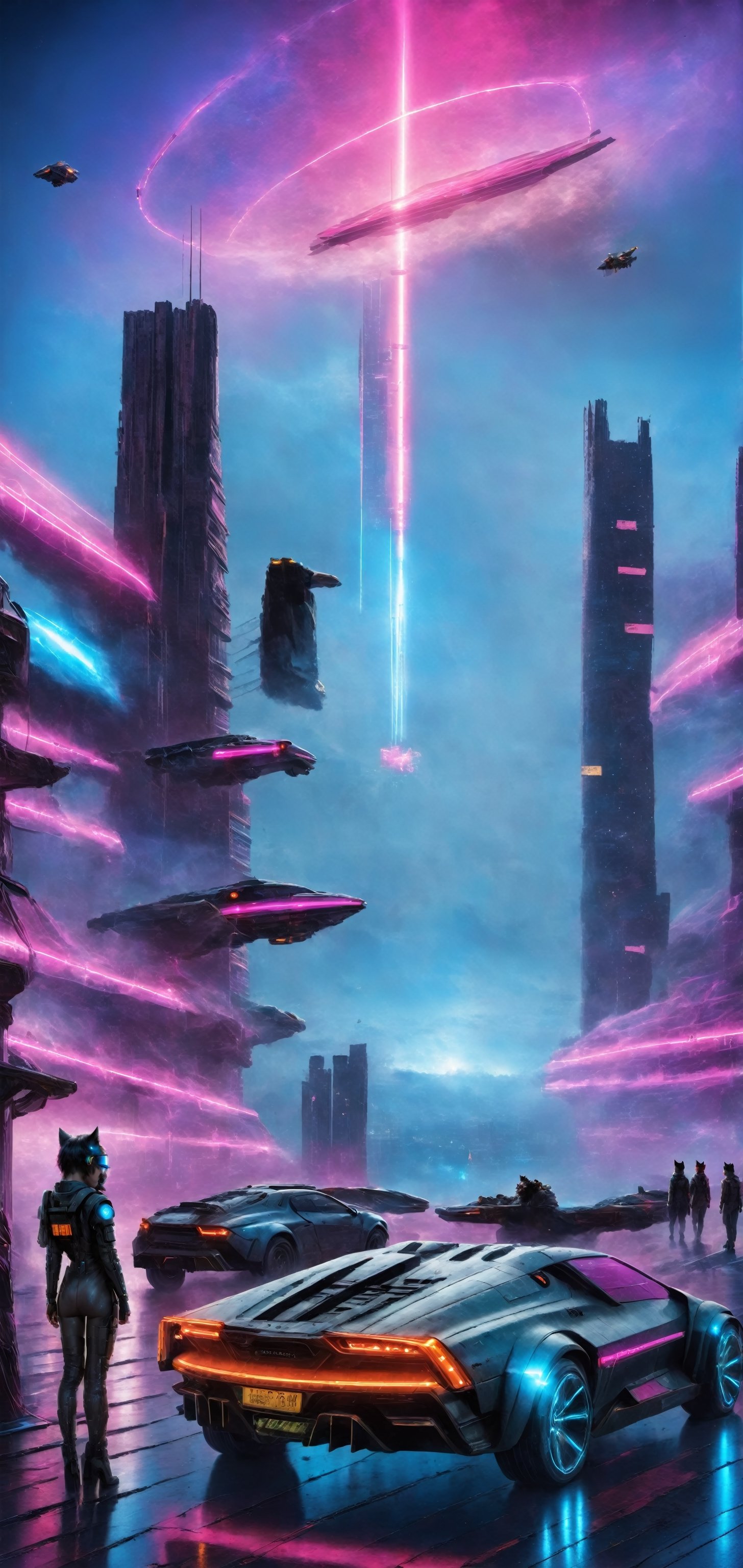 photograph, photorealistic, ultrarealistic, 8k, high res, masterpiece, cyberpunk city far in the future, grungy elements, people in high tech clothes, flying cars, neon lights, cat laying on a roof of car, nebula visible in night sky