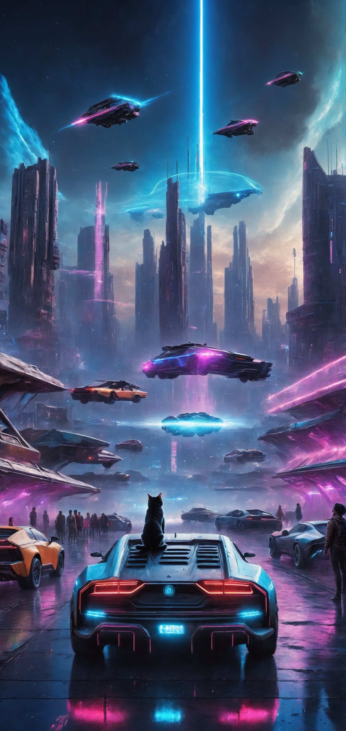 photograph, photorealistic, ultrarealistic, 8k, high res, masterpiece, cyberpunk city far in the future, grungy elements, people in high tech clothes, flying cars, neon lights, cat laying on a roof of car, nebula visible in night sky