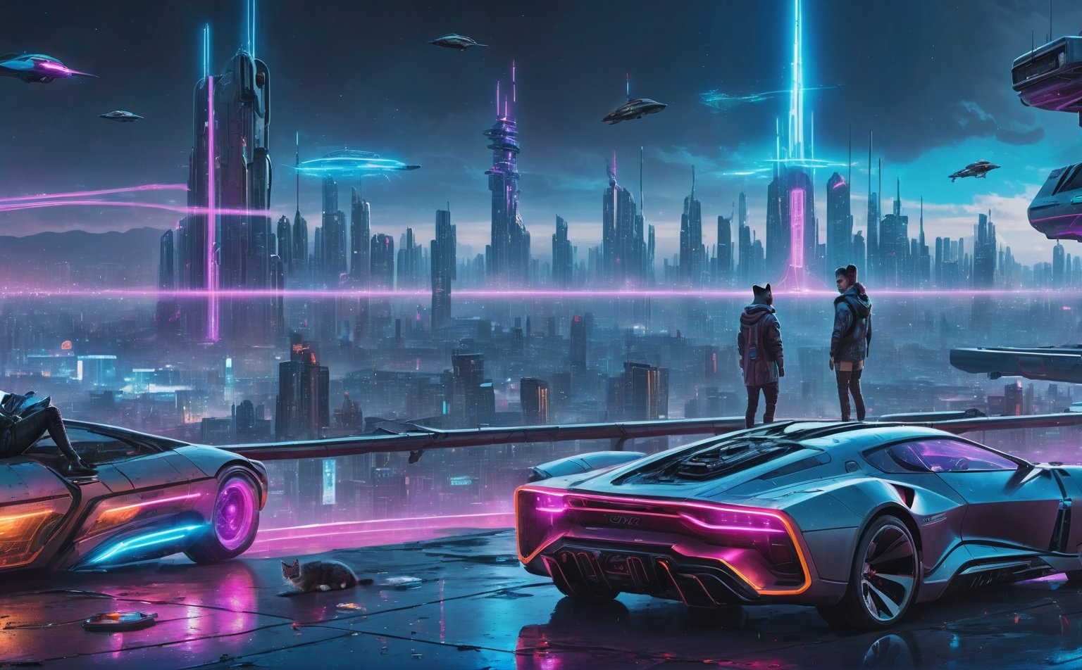 photograph, photorealistic, ultrarealistic, 8k, high res, masterpiece, cyberpunk city far in the future, grungy elements, people in high tech clothes, flying cars, neon lights, cat laying on a rooftop