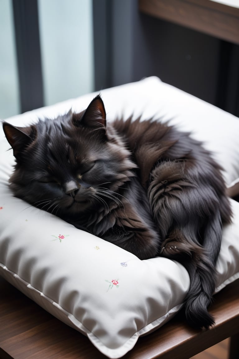 a cute black cat, sleeping on pillow, on top of table, view from further back