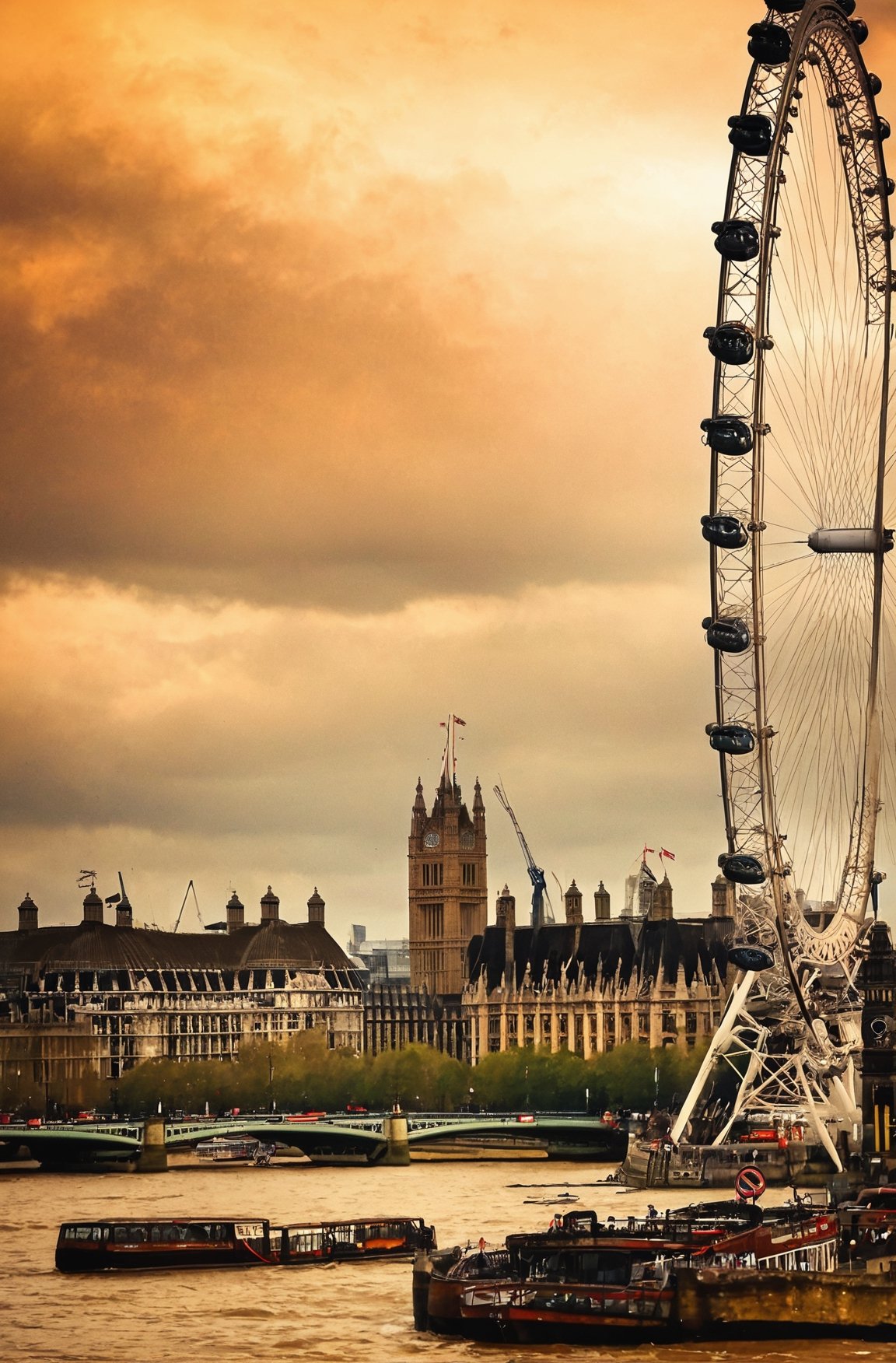 post apocalyptic London, London eye, rusted, broken, masterpiece