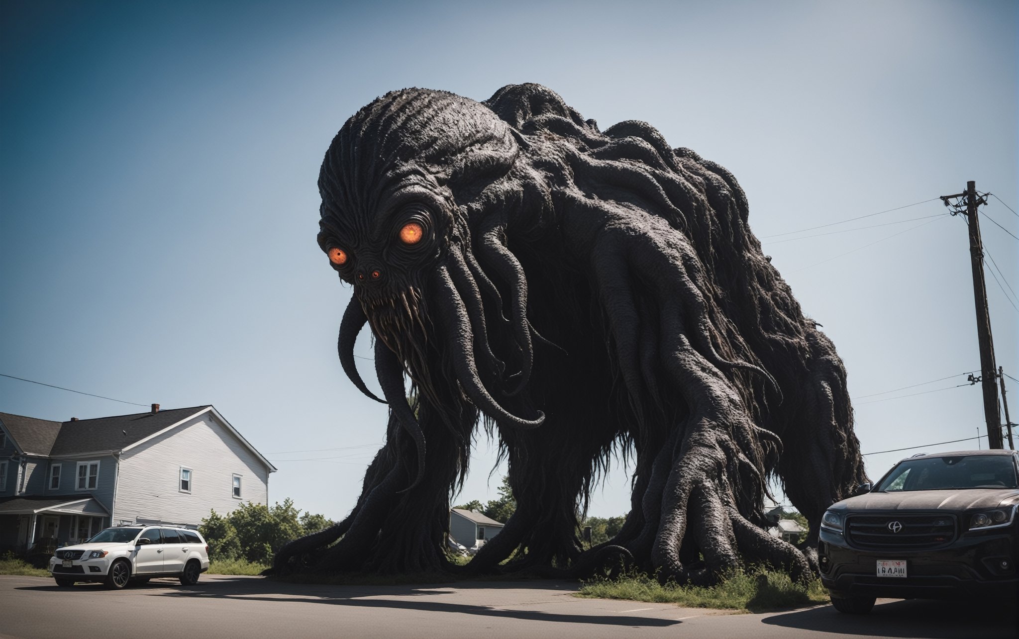 RAW photograph, shot with Canon6D Mark 2, 50mm Nikon, photorealistic, ultrarealistic masterpiece, high contrast, high resolution, best quality, hyperealistic

massive strange monster in the distance, h p lovecraft