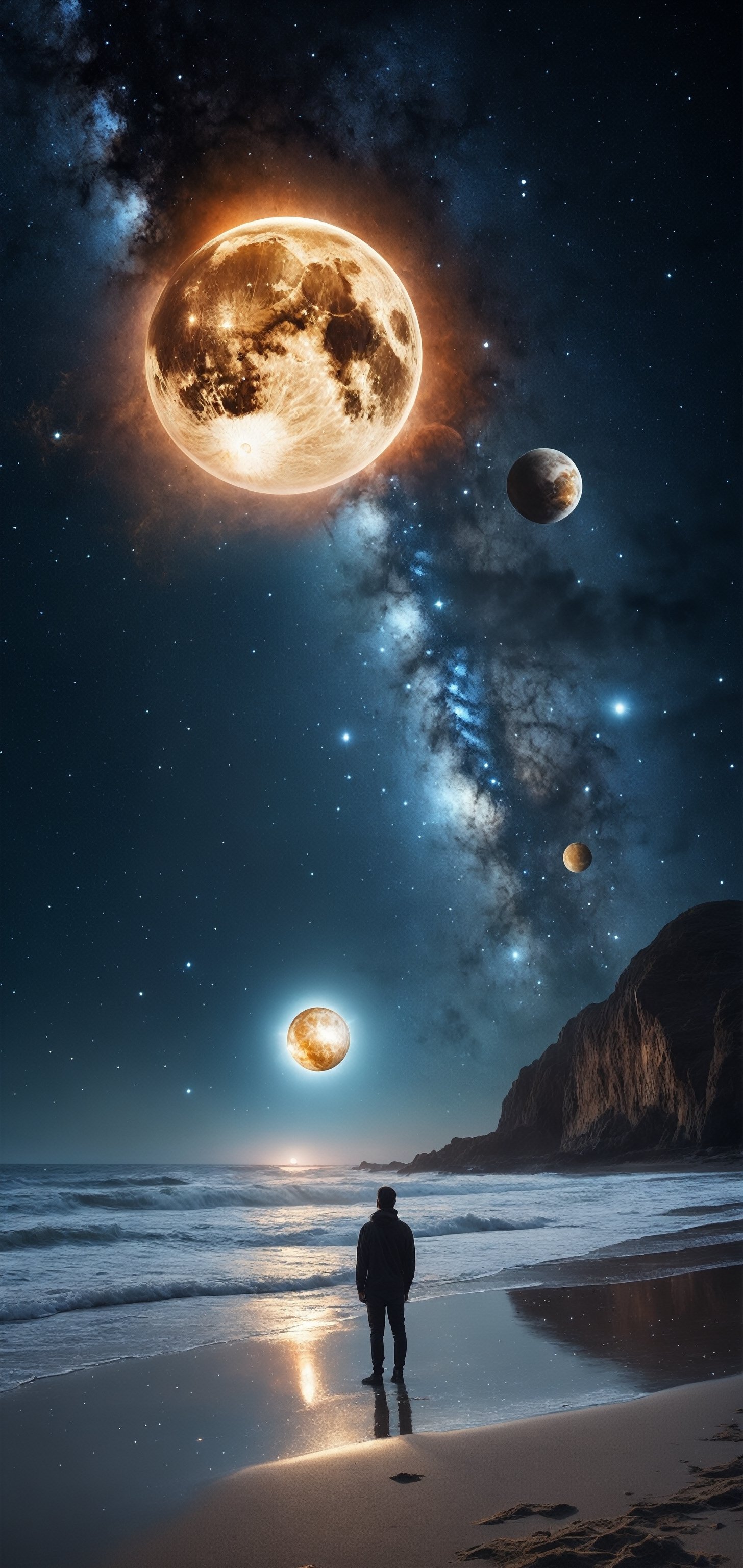 high res, photograph, photorealistic, hyperealistic, hyperealistic, 4k, 8k, nikon, standing on a beach in the future, starting into night sky, stars, planets, nebulae, 2 moons 