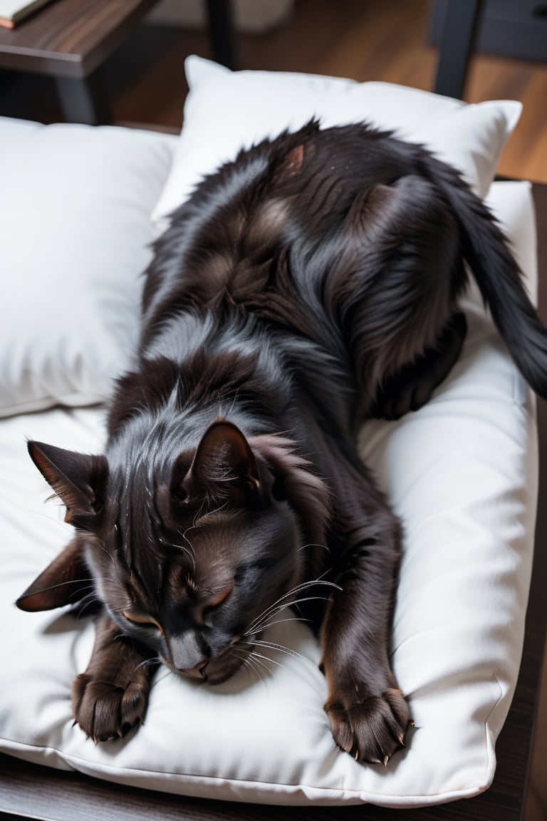 a cute black cat, sleeping on pillow, on top of table, view from further back