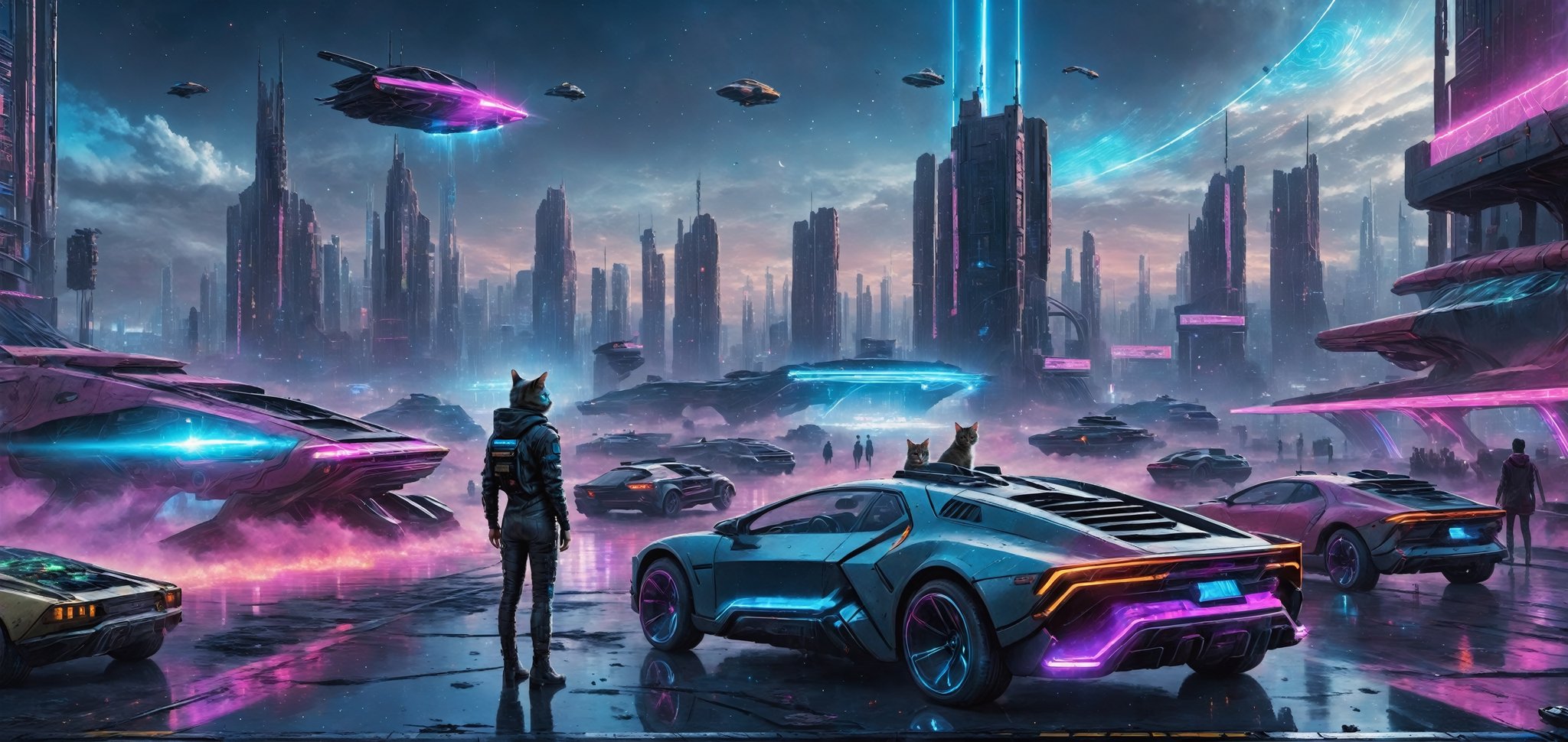 photograph, photorealistic, ultrarealistic, 8k, high res, masterpiece, cyberpunk city far in the future, grungy elements, people in high tech clothes, flying cars, neon lights, cat laying on a roof of car, nebula visible in night sky