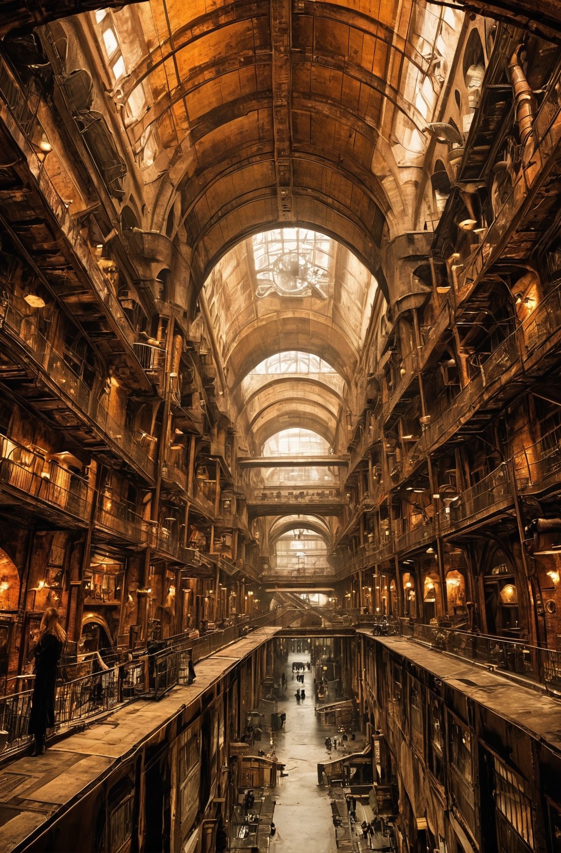 underground steampunk city, vast, high ceilings, gritty 