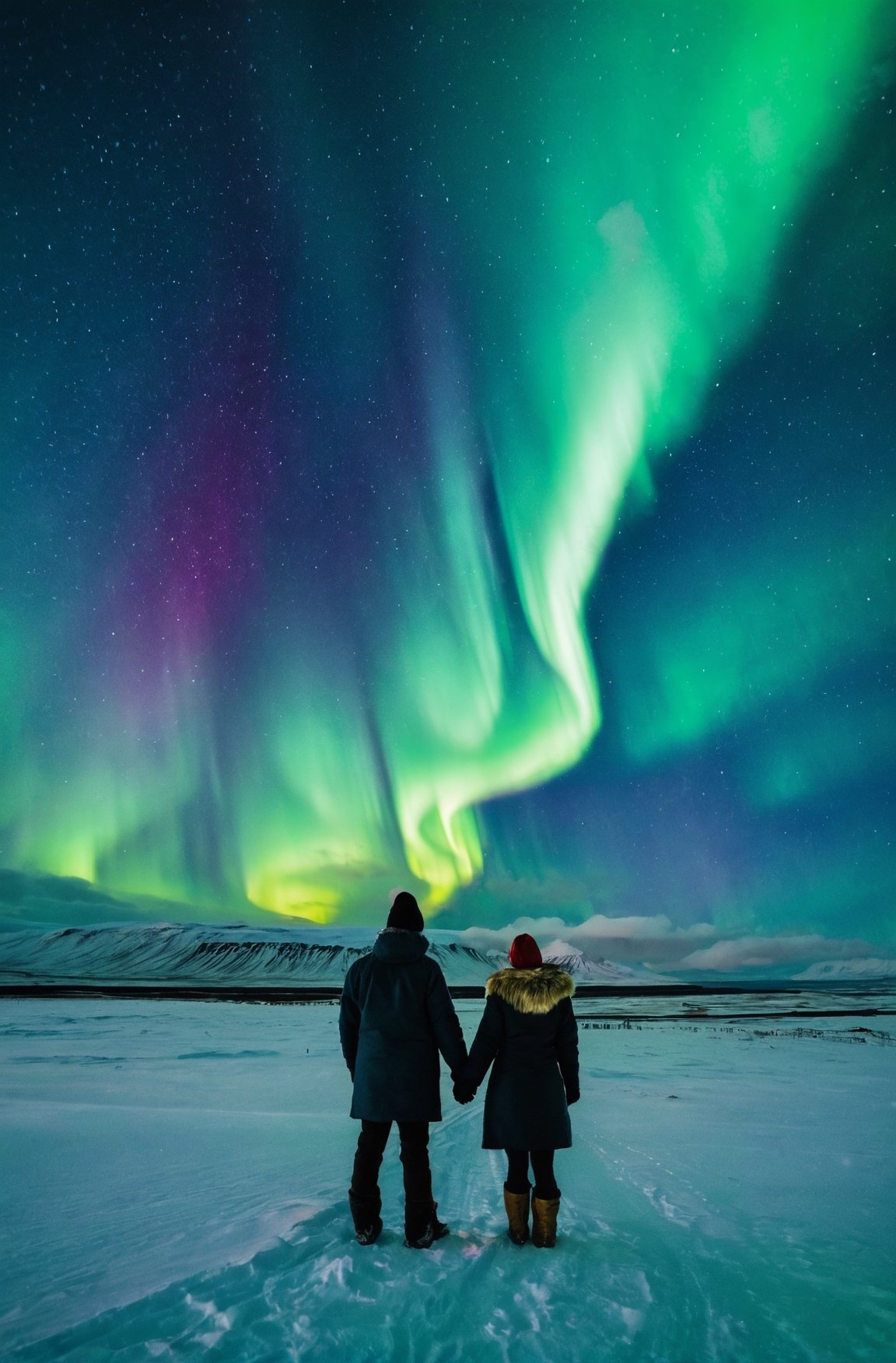 couple standing in the snow in Iceland watching the Aurora borealis, night time, winter clothing, holding hands,