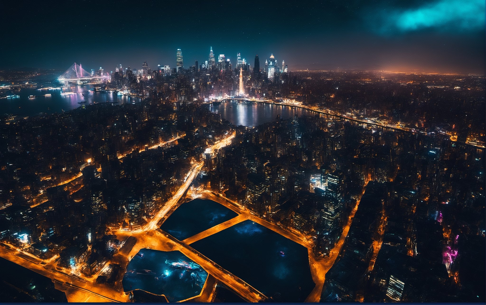 RAW photograph, shot with Canon6D Mark 2, 50mm Nikon, photorealistic, ultrarealistic masterpiece, high contrast, high resolution, best quality, hyperealistic

overhead shot of a ((futuristic)) city skyline at night, ((neon lighting)), starry clear night, (((giant creature off in the distance, h p lovecraft)))