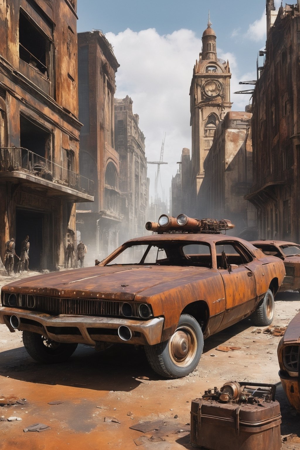 post apocalyptic steampunk city, rusted cars, futuristic, masterpiece, best quality