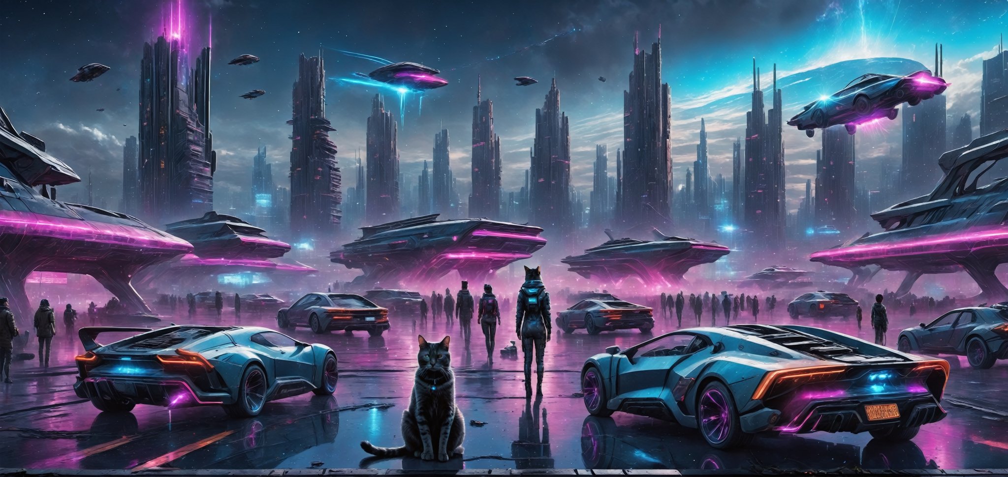 photograph, photorealistic, ultrarealistic, 8k, high res, masterpiece, cyberpunk city far in the future, grungy elements, people in high tech clothes, flying cars, neon lights, cat laying on a roof of car, nebula visible in night sky