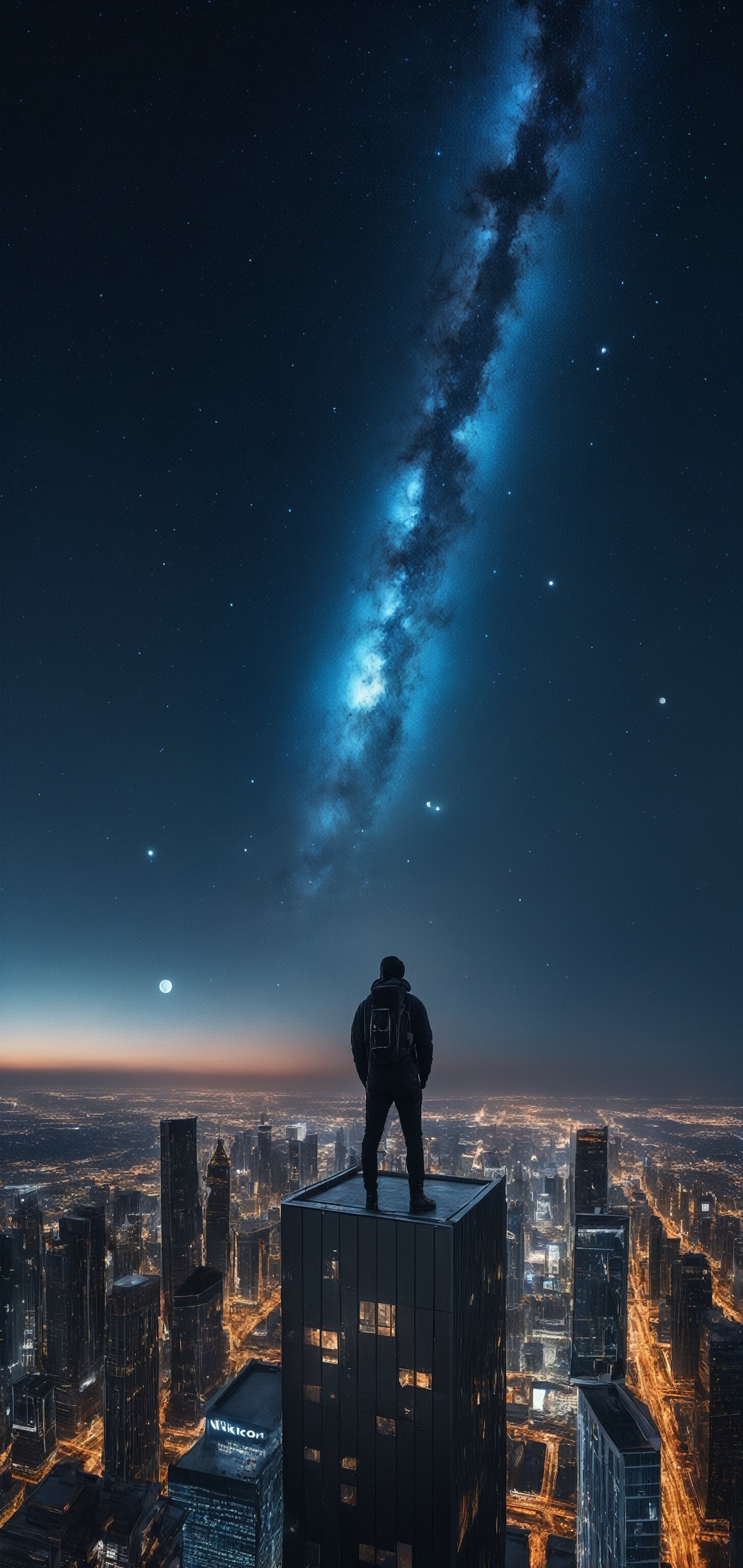 high res, photograph, photorealistic, hyperealistic, hyperealistic, 4k, 8k, nikon, standing on the roof of a skyscraper in the future, starting into night sky, stars, planets, nebulae, 2 moons 