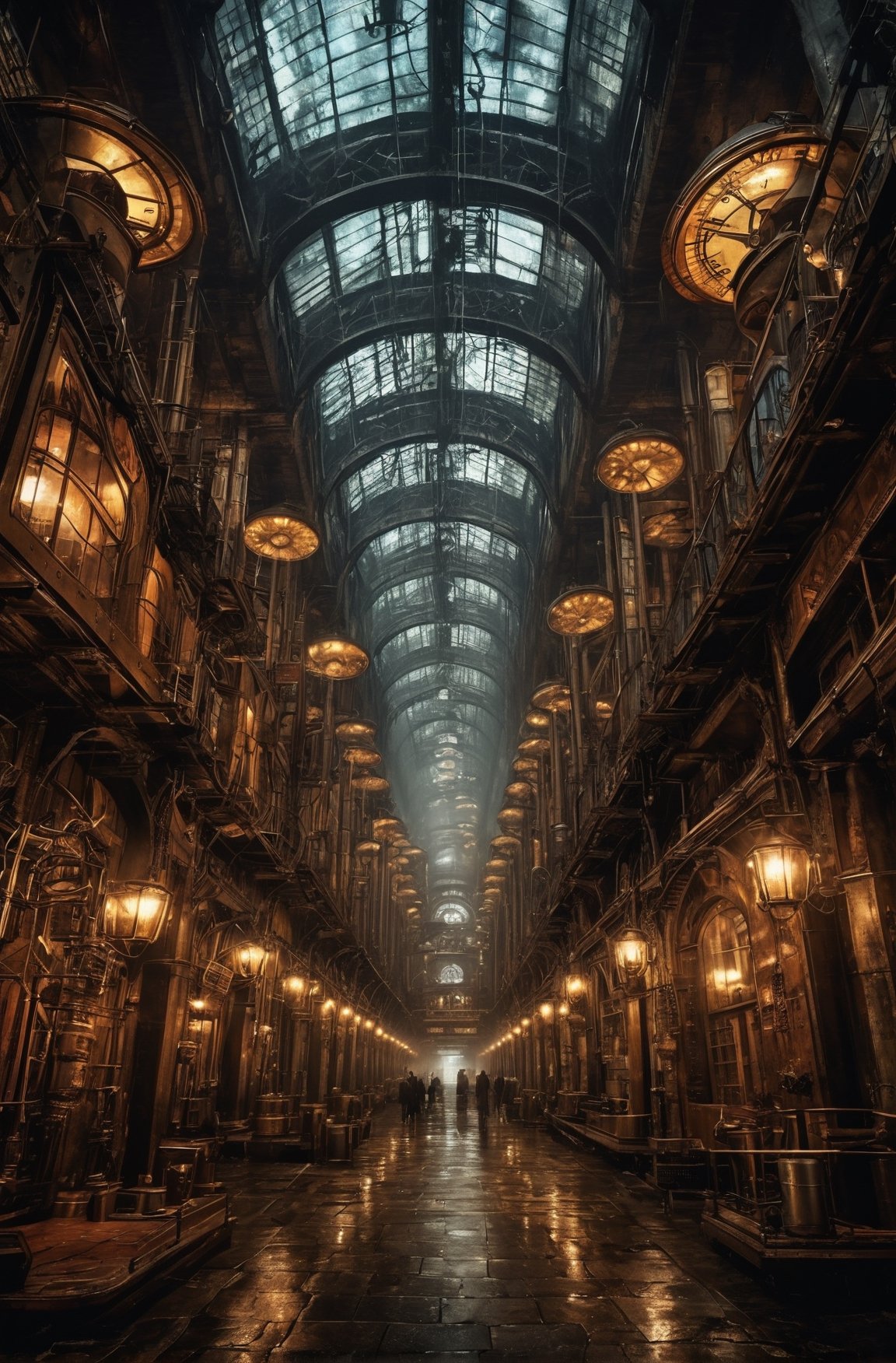 underground steampunk city, vast, high ceilings, gritty, dimly lit 