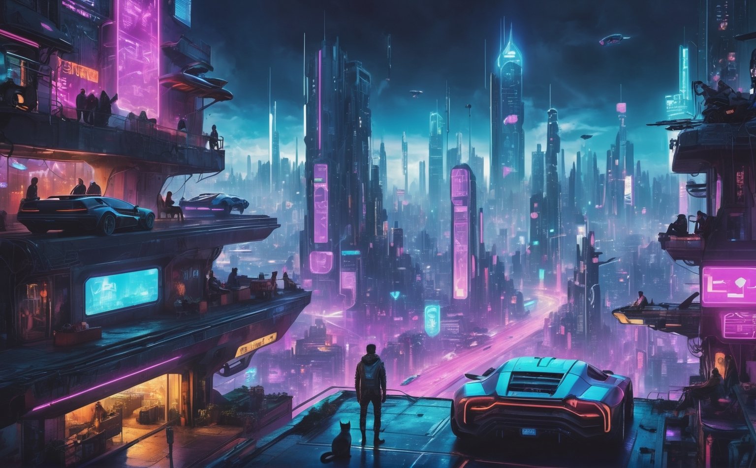 cyberpunk city far in the future, grungy elements, people in high tech clothes, flying cars, neon lights, cat laying on a rooftop