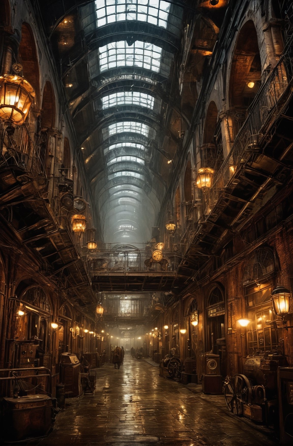 underground steampunk city, vast, high ceilings, gritty, dimly lit 