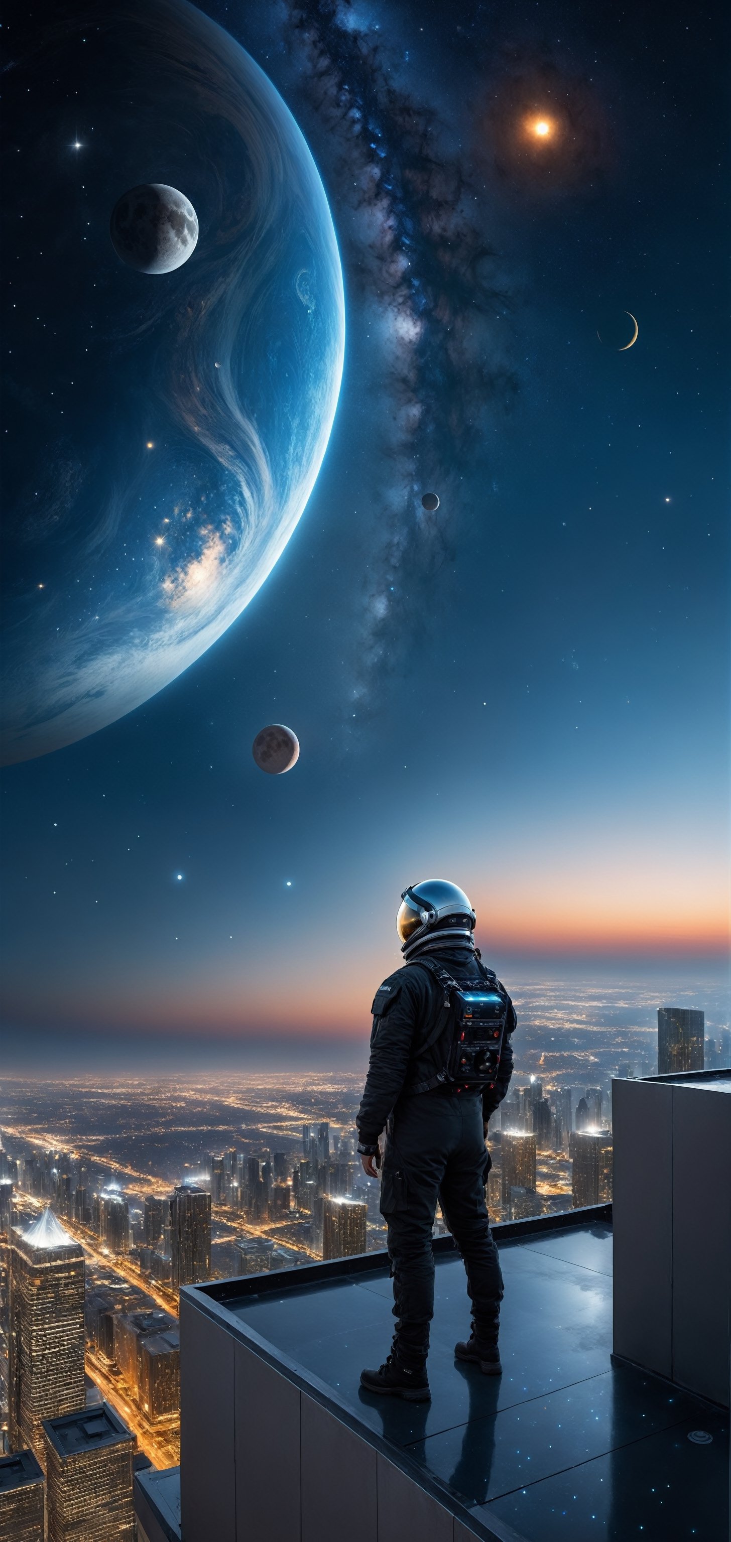 high res, photograph, photorealistic, hyperealistic, hyperealistic, 4k, 8k, nikon, standing on the roof of a skyscraper in the future, starting into night sky, stars, planets, nebulae, 2 moons 