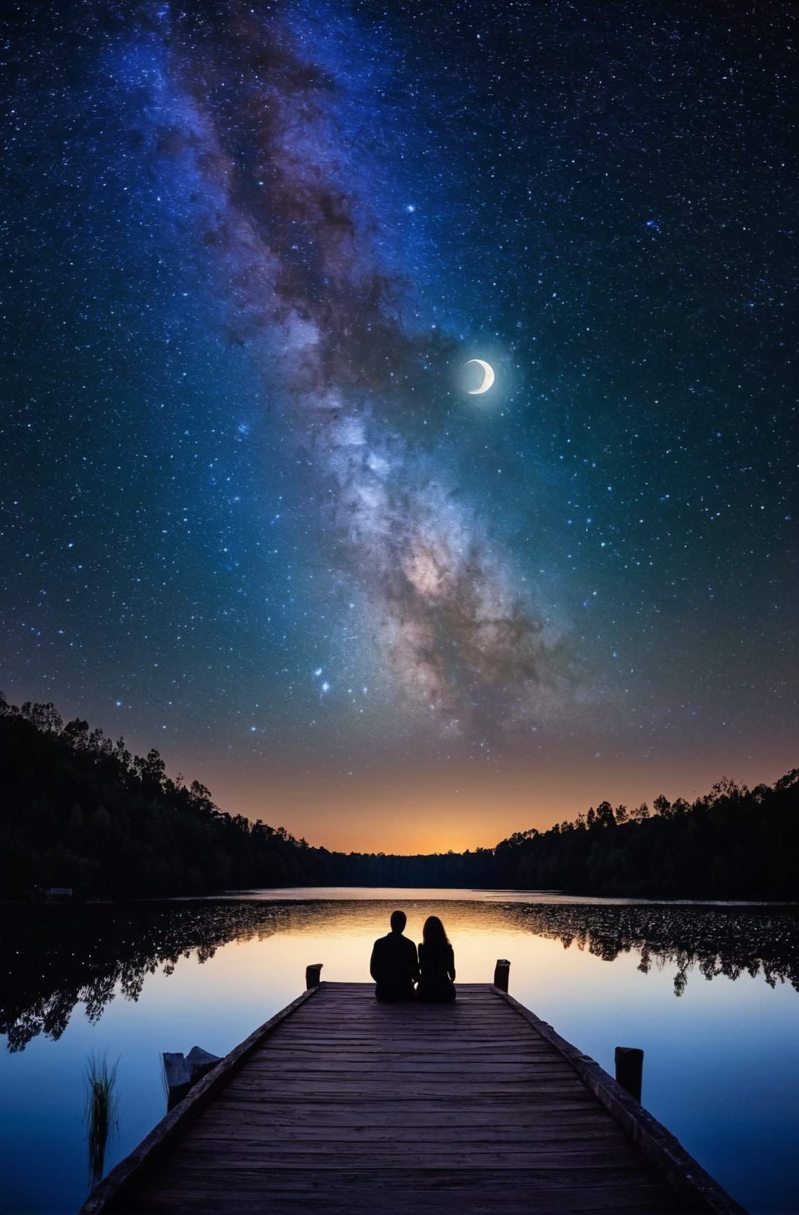 couple sitting on the end of a lakeside dock looking up at the stars, starry sky, moon, planets, masterpiece, fantasy