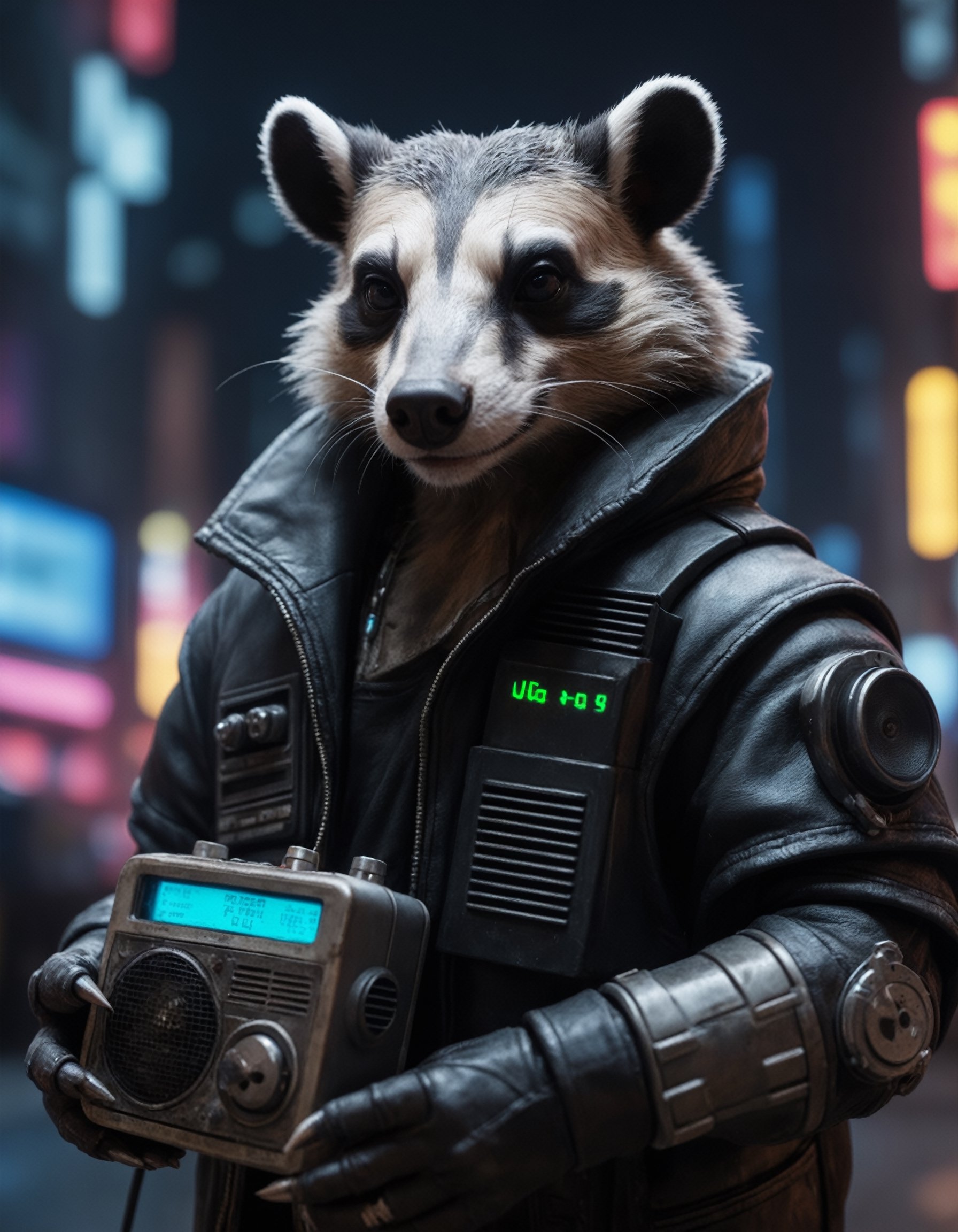 Closeup photo of a cyberpunk badger in night city holding a radio