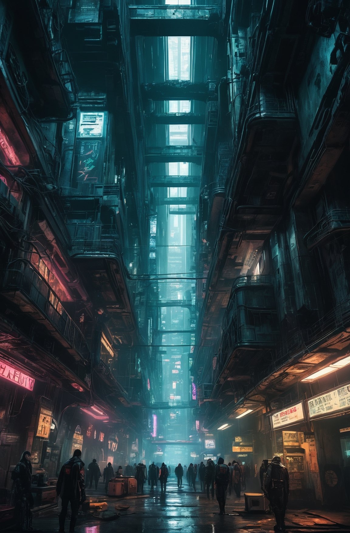 underground cyberpunk city, vast, high ceilings, gritty, dimly lit 