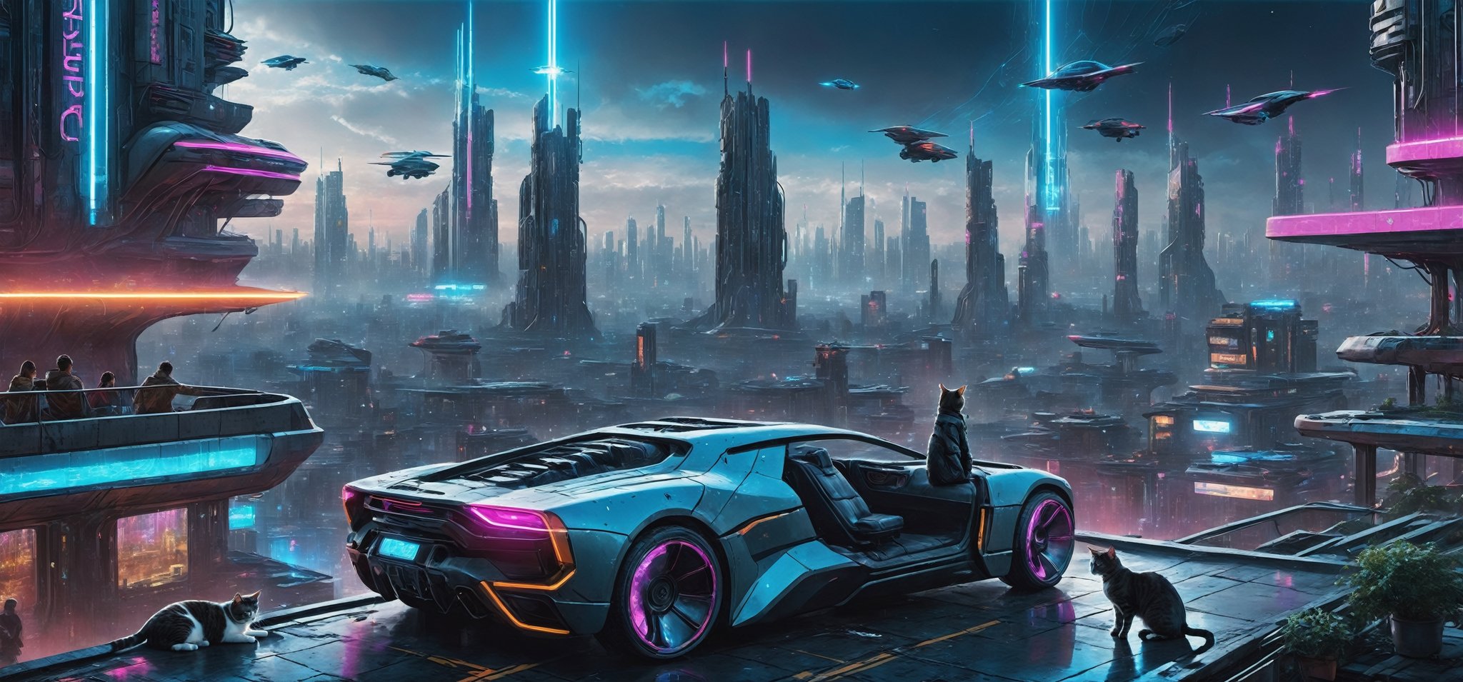 photograph, photorealistic, ultrarealistic, 8k, high res, masterpiece, cyberpunk city far in the future, grungy elements, people in high tech clothes, flying cars, neon lights, cat laying on a rooftop