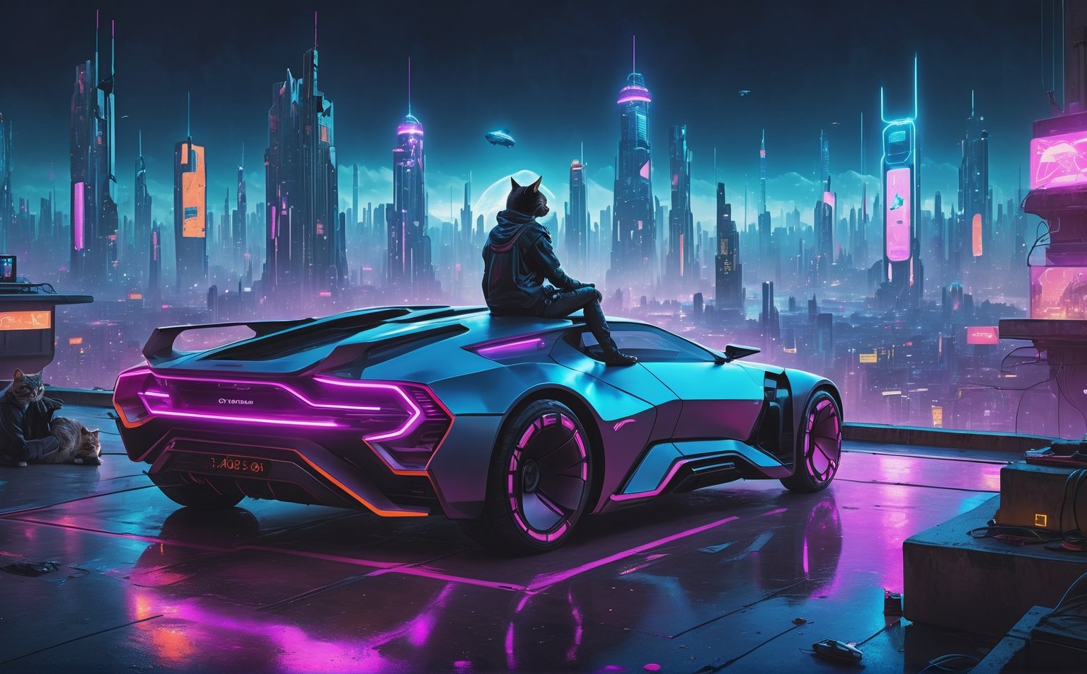 photorealistic, ultrarealistic, 8k, high res, cyberpunk city far in the future, grungy elements, people in high tech clothes, flying cars, neon lights, cat laying on a rooftop