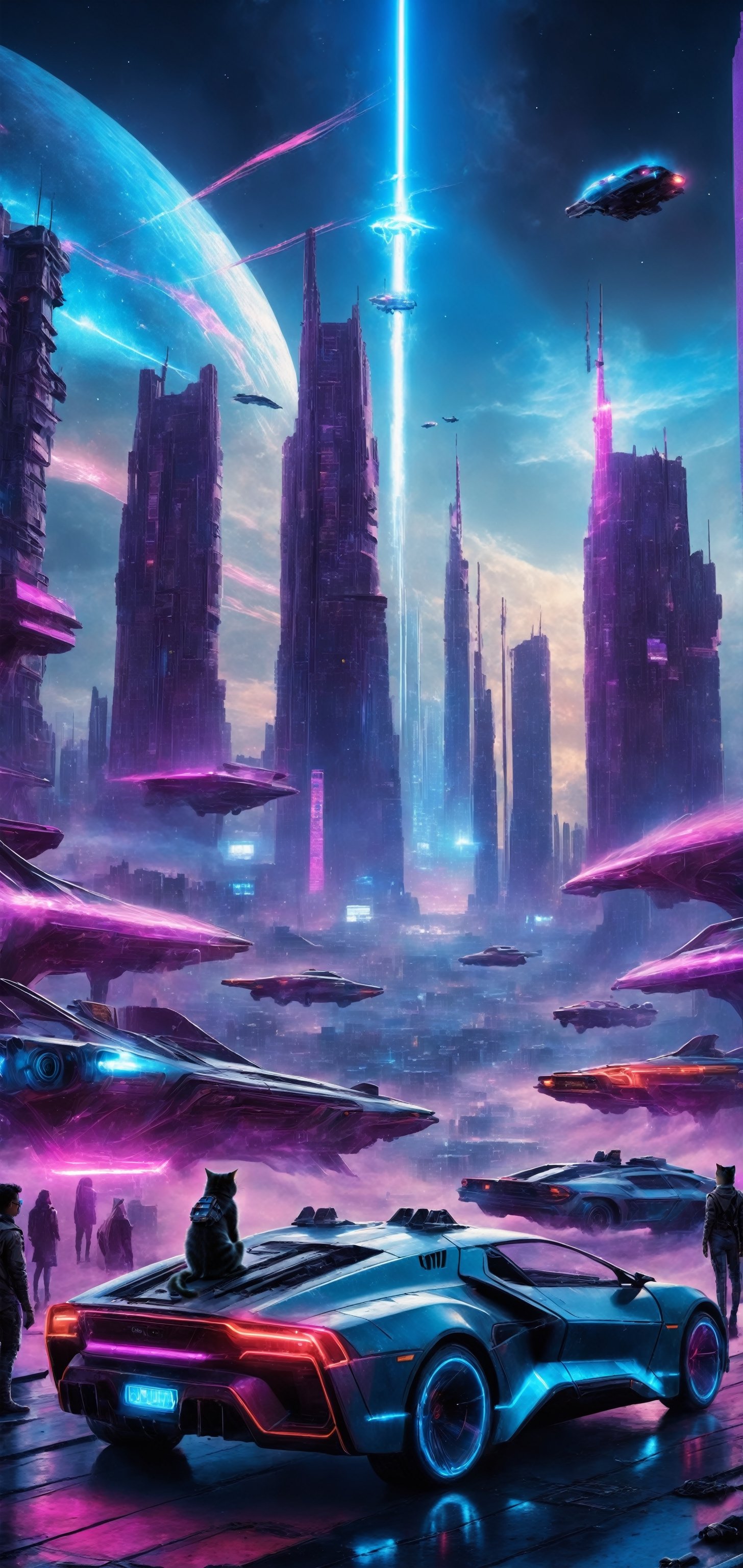 photograph, photorealistic, ultrarealistic, 8k, high res, masterpiece, cyberpunk city far in the future, grungy elements, people in high tech clothes, flying cars, neon lights, cat laying on a roof of car, nebula visible in night sky