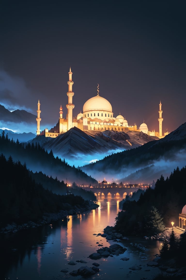  A mosque that stands firmly on a mountain, the mountain is surrounded by a river, there is a road to the mosque, evening atmosphere, lots of people coming in mosque, this photo was taken from a distance, 8k, aesthetic, vivid color, detailed. 