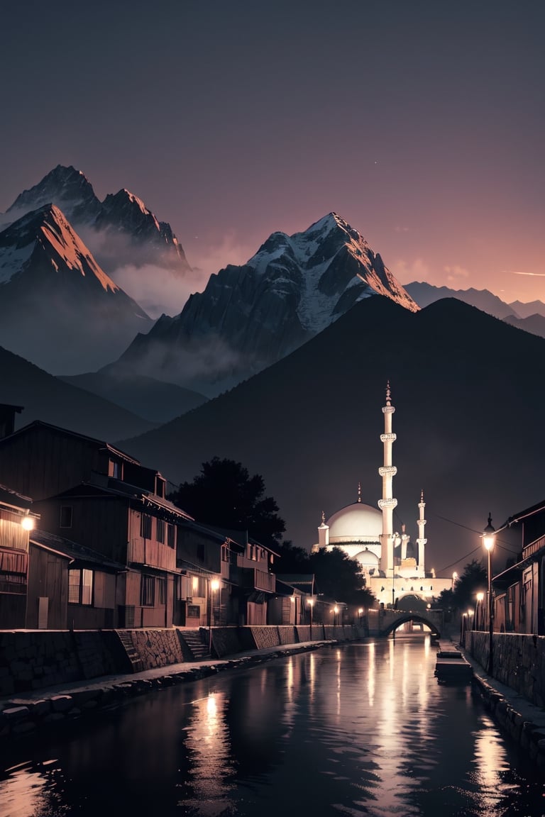 You can see a mosque from a distance on a mountain, the mountain is surrounded by a river, there is a road to the mosque, evening atmosphere, lots of people coming, this photo was taken from a distance, 8k, aesthetic, vivid color, detailed, 