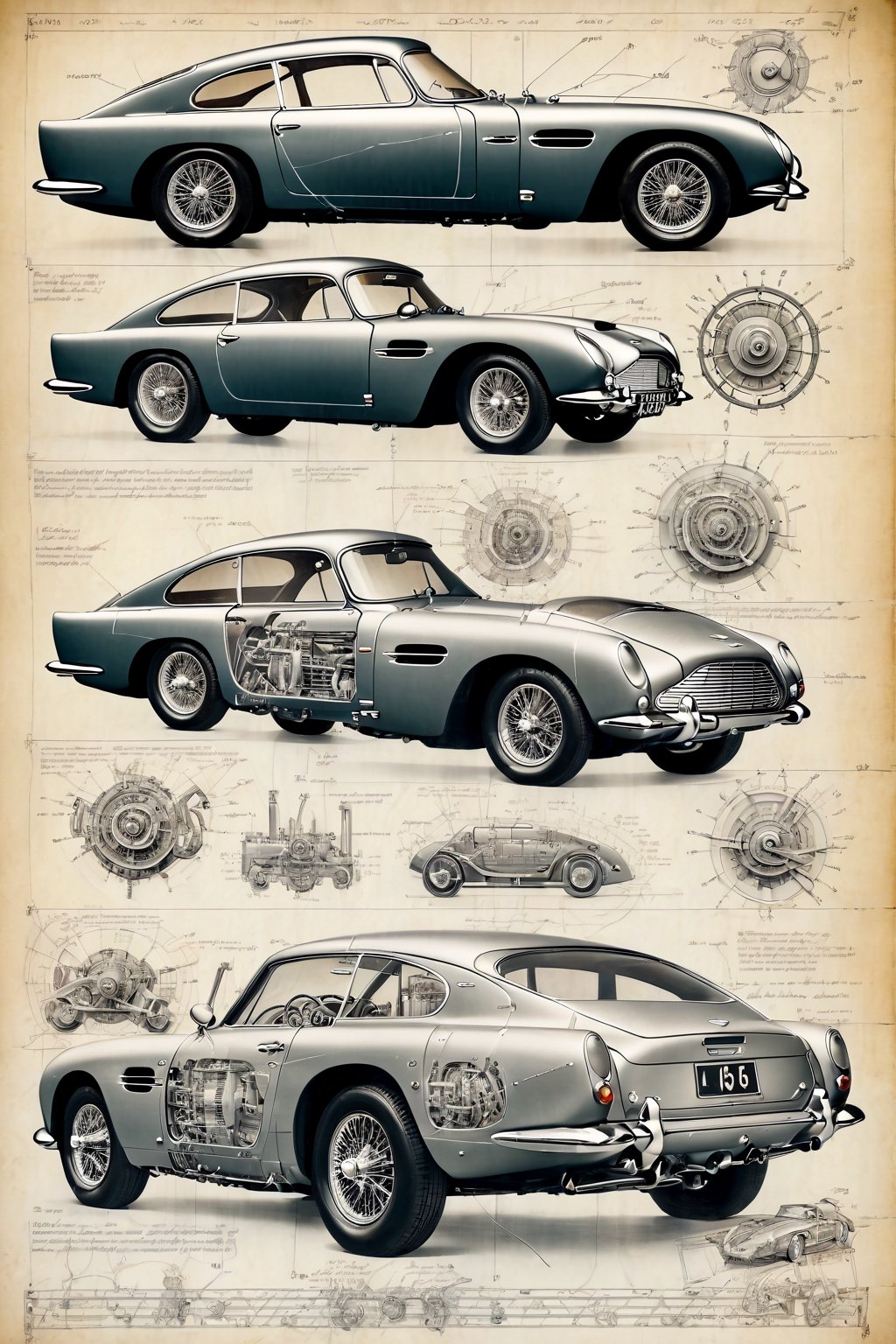 Leonardo DaVinci's art style on the theme of original Aston Martin DB5 1964 and parts on the style of Technical drawing and isometric views, colors only available during the Renaissance era, golden ratio,6000,Magical Fantasy style, pencil drawing 