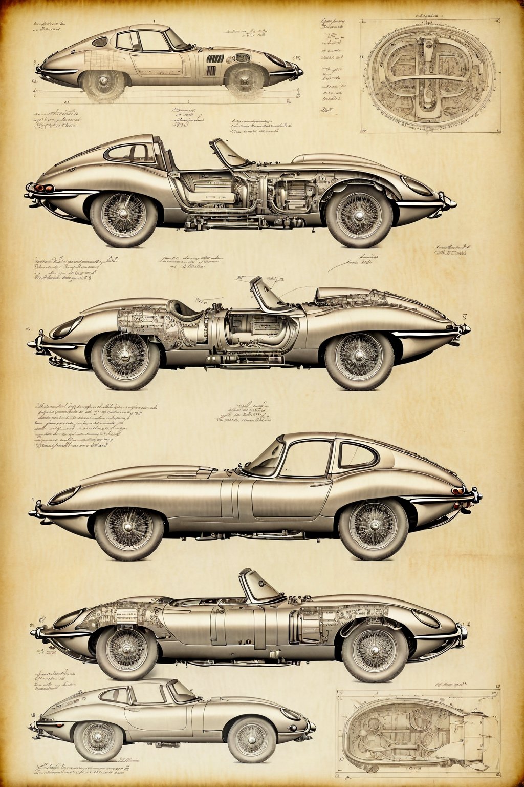 Leonardo DaVinci's art style on the theme of original Jaguar E-Type 1961 and parts on the style of Technical drawing and isometric views, colors only available during the Renaissance era, golden ratio,6000,Magical Fantasy style, pencil drawing 