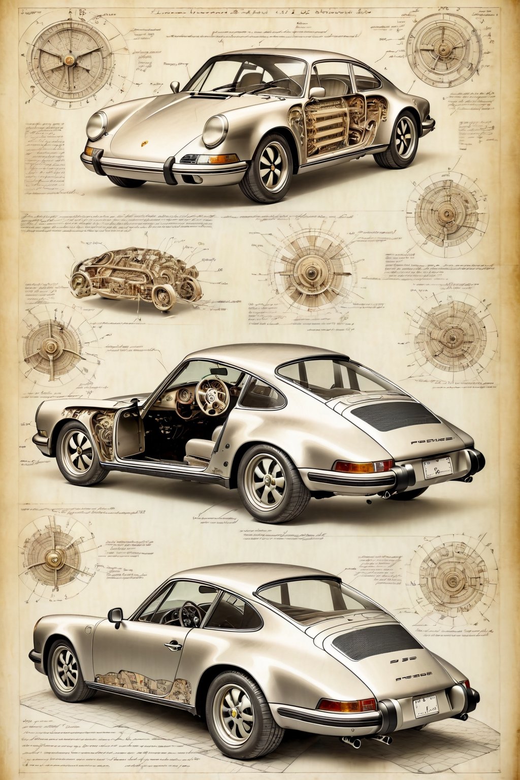 Leonardo DaVinci's art style on the theme of original Porsche 911 1963 and parts on the style of Technical drawing and isometric views, colors only available during the Renaissance era, golden ratio,6000,Magical Fantasy style, pencil drawing 