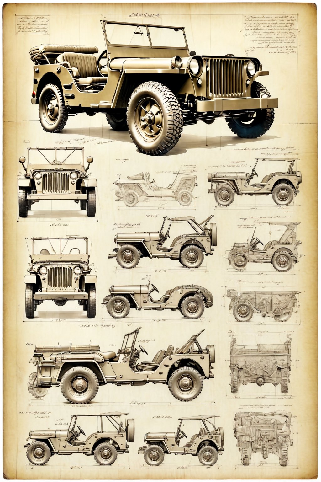 Leonardo DaVinci's art style on the theme of original Jeep willys mb and parts on the style of Technical drawing and isometric views, colors only available during the Renaissance era, golden ratio,6000,Magical Fantasy style, pencil drawing 