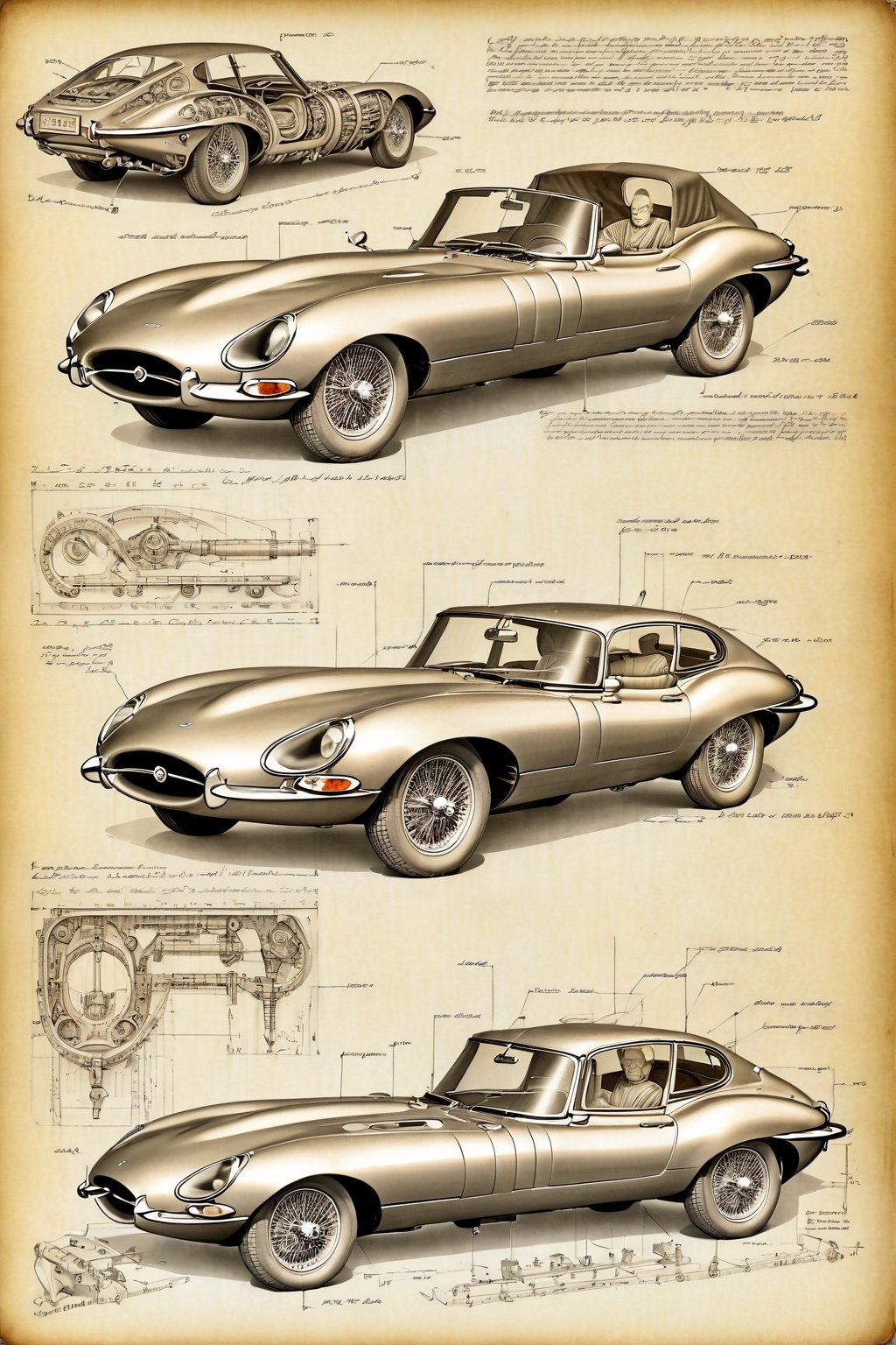 Leonardo DaVinci's art style on the theme of original Jaguar E-Type 1961 and parts on the style of Technical drawing and isometric views, colors only available during the Renaissance era, golden ratio,6000,Magical Fantasy style, pencil drawing 