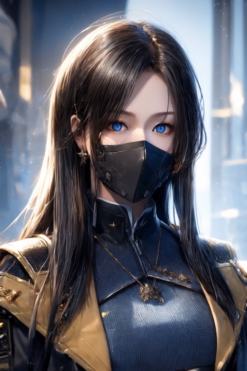 (UHQ, 8k, high resolution), Create a character design for a skilled military operative named Captain Steelhawk, Picture them in a tactical, dark-gray uniform with a concealed face behind a high-tech mask featuring piercing blue eyes