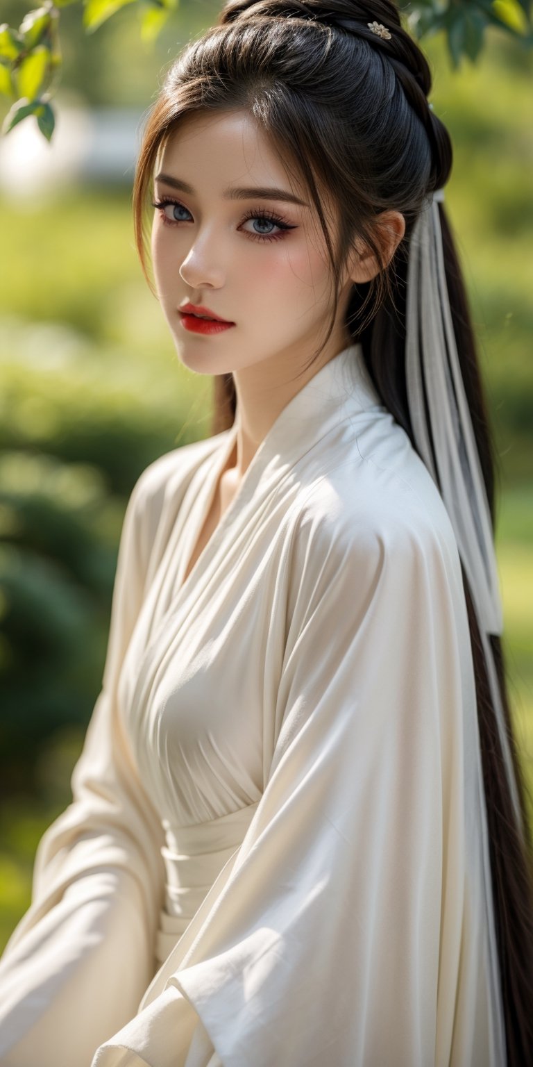 A beautiful blonde with long hair stands in front of a lush green tree.slightly raised lips,deep red lipstick,Beautiful and delicate eyes,An extremely delicate and beautiful girl,cute,extremely detailed face,Beautiful detailed hair,very aesthetic,lots of detail,8K,hyperdetalization,Greg Rutkowski style, close-up starlight anime sdxl,hanfu