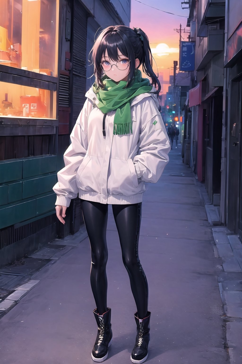 The picture shows a character wearing a white hooded jacket and black leggins. The character is wearing a green scarf that partially covers the lower part of his face. The background is neon sunset, creating a comfortable retro atmosphere. make anime girl. very detailed illustration, 8K. full body, boots, add milieu glasses that emphasise her stern look. Black hairs in ponytails