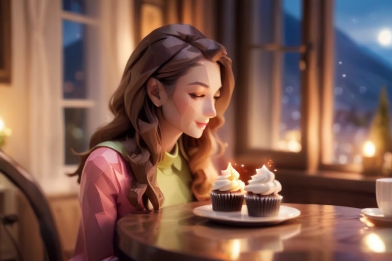 (( a elegant comely girl in her twenties and her kitten are sharing one beautiful cupcake:1.2)), long hair, pretty face, (a kitten sitting on the table), sitting next to the window, late night, moon light sprinkle, warm lamp, there is hot tea on the table, rain outdoors, there is a warm fireplace),(masterpiece, Long focal length lens，best quality, ultra-detailed, 8K),beautiful house in mountains free space from trees, daylight:),bobcut,(colorful),cinematic lighting,midjourney
