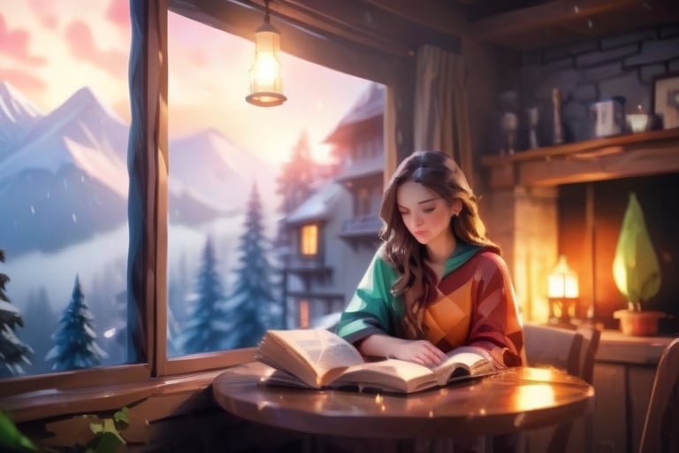 (( a girl in her twenties is reading a book:1.2)), long hair, pretty face, a kitten sitting on the table, sitting next to the window, late night, moon light sprinkle, warm lamp, there is hot tea on the table, rain outdoors, there is a warm fireplace),(masterpiece, best quality, ultra-detailed, 8K),beautiful house in mountains free space from trees, daylight:),bobcut,(colorful),cinematic lighting,midjourney
