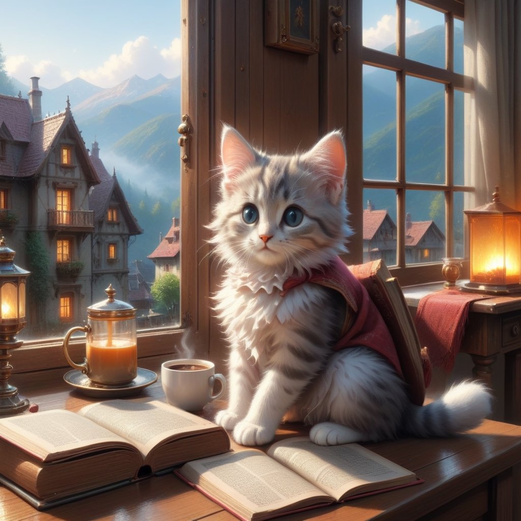 (a young girl, read a book), good proportion, (kitten sitting on the table:1.1), sitting next to the window, sunlight sprinkle, there is hot coffee on the table, rain outdoors, there is a warm fireplace),(masterpiece, best quality, ultra-detailed, 8K),beautiful house in mountains free space from trees, daylight:),bobcut,(colorful),cinematic lighting,midjourney
