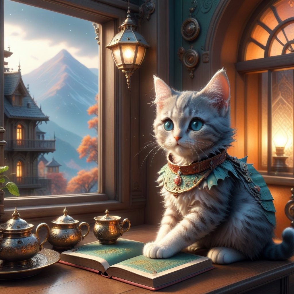 a young girl:1.3, reading an open mystical book filled with various peculiar patterns and symbols,(kitten sitting on the table:1.1), sitting next to the window, late night, moon light sprinkle, warm lamp, there is hot tea on the table, rain outdoors, there is a warm fireplace),(masterpiece, best quality, ultra-detailed, 8K),beautiful house in mountains free space from trees, daylight:),bobcut,(colorful),cinematic lighting,midjourney
