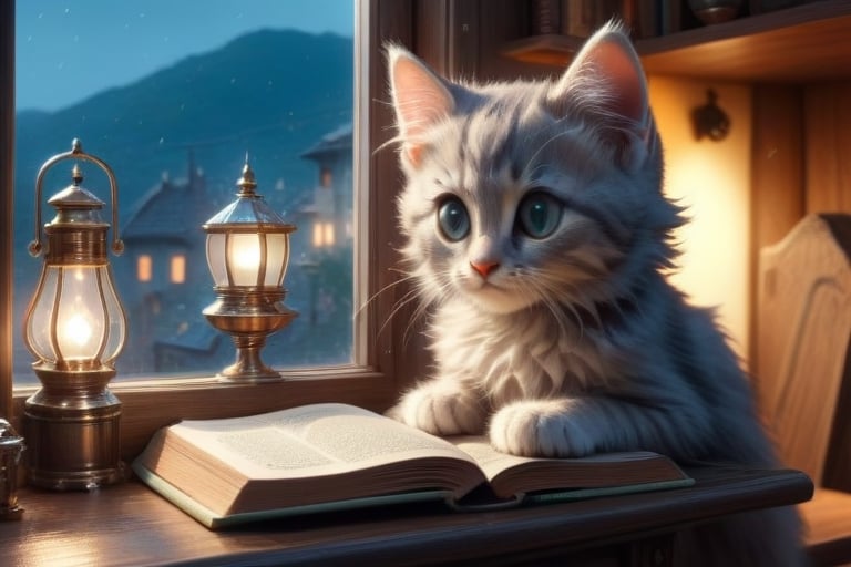 ((a young girl read a book:1.2)), kitten sitting on the table, sitting next to the window, late night, moon light sprinkle, warm lamp, there is hot tea on the table, rain outdoors, there is a warm fireplace),(masterpiece, best quality, ultra-detailed, 8K),beautiful house in mountains free space from trees, daylight:),bobcut,(colorful),cinematic lighting,midjourney
