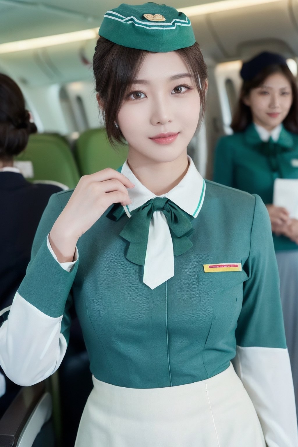 Close up to everything, 16K UHD, (life style:1.4), A french-Taiwanese beautiful Stewardess, super idol face, 24 years old, detailed face, monolid, (bun short haired:1.4), (long-sleeved turquoise green-bue stewardess shirt , white collar, off-white long skirt, black tie:1.4), laying on a plane seat, the light is very bright, spotlight, masterpiece, high quality,(she is wearing a blue-green Stewardess's side cap:1.6),wanpeng, (black pupils:1.2),Seolah,better_hands,Asia,1 girl ,Woman ,solo,imutbgtbos, (full_body shot:1.2)