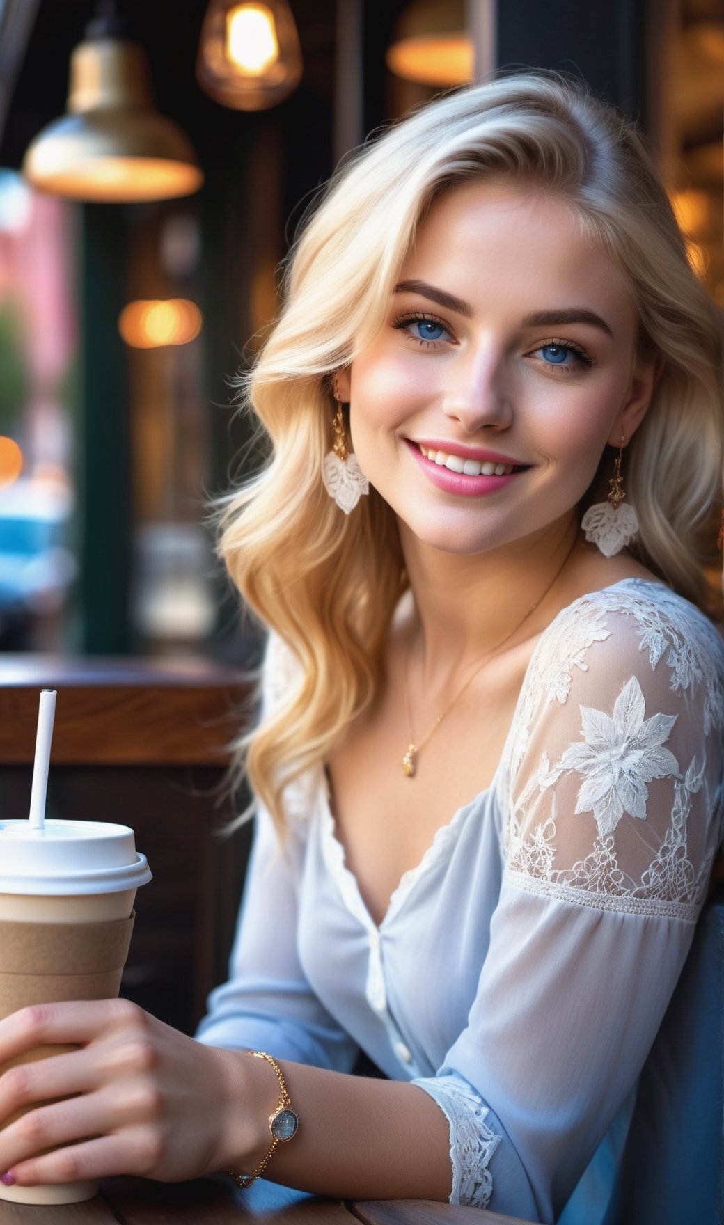 first-date chemistry, UHD HDR photo of a flirtatious young blonde woman at a coffee shop, dating perspective, youthful vibrancy, golden hair shimmering under ambient lighting, playful yet inviting blue eyes, subtly arched eyebrow suggesting curiosity, clear complexion with a soft glow, light pink lipstick enhancing a tender smile, dangling earrings reflecting her movements, relaxed posture with a touch of anticipation, casually crossed legs under the table, subtle lean forward reflecting engagement, woven bracelet on a slender wrist, airy top with delicate lace edges, warm cup of coffee held by petite fingers, hint of vanilla and roasted beans in the air, whisper of attraction in the shared space, bustling yet intimate cafe setting, glimmers of connection across the small table, unspoken promises lingering with every glance,photo r3al,Masterpiece