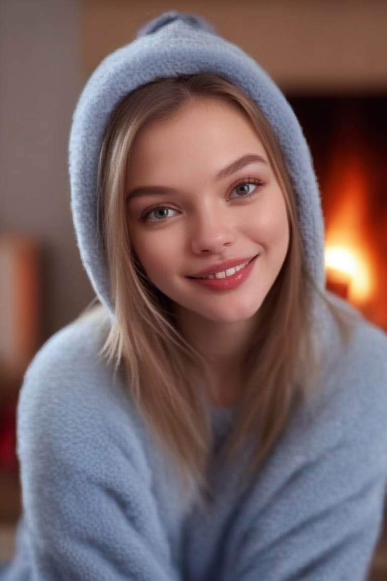 anna, highly detailed face, by the fire, big lips, winter pajamas, shorts, russian girl, looking at viewer, smiling, bokeh, sharp, ultra detailed