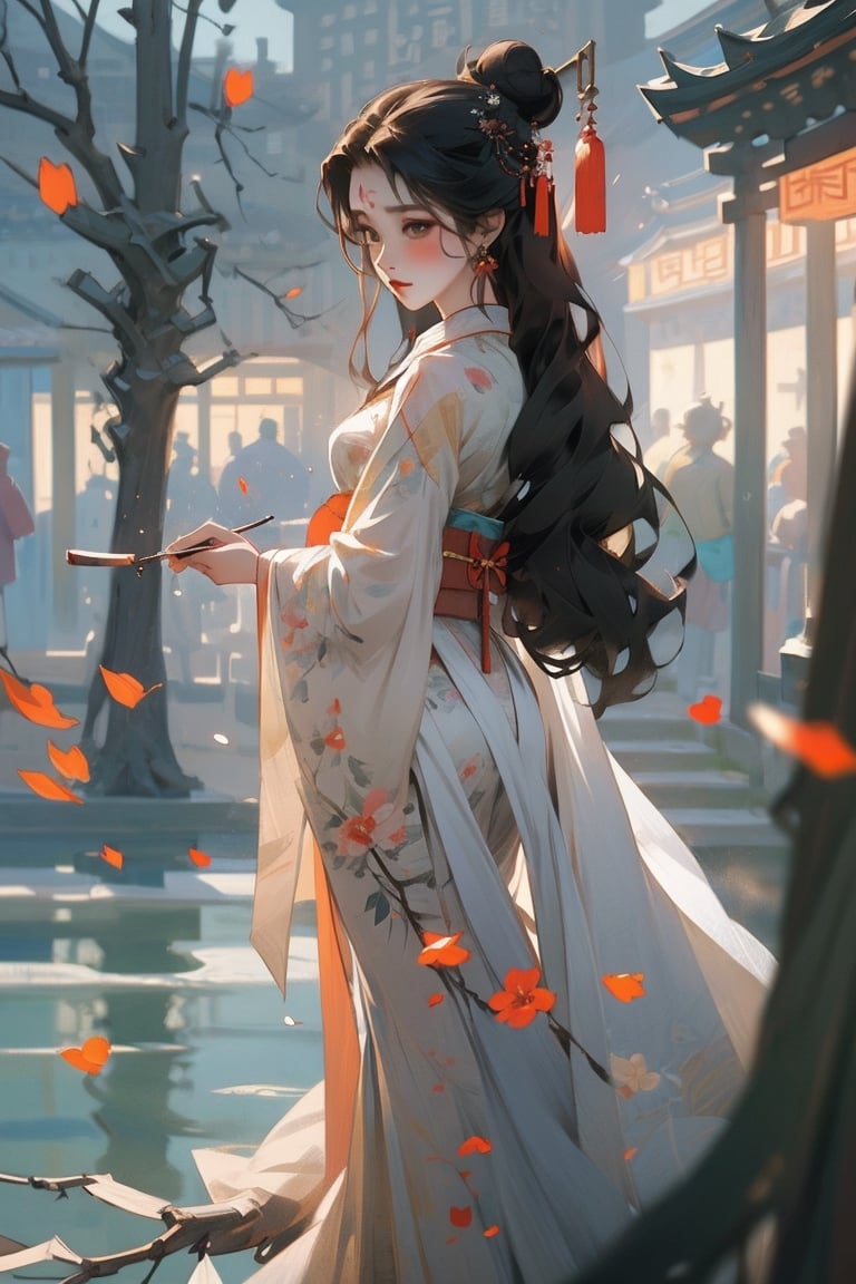 Hanama wine, 1girl, lantern, long hair, black hair, solo, dress, branch, white dress, jewelry, water, chinese clothes, hair ornament, night, hair bun, facial mark, full body, flower, petals, tree, light, holding,anime,szhf dress,winterhanfu,chinese_painting,Chinese style,HOG_Calligraphy_Tatoo,outfit hanfu