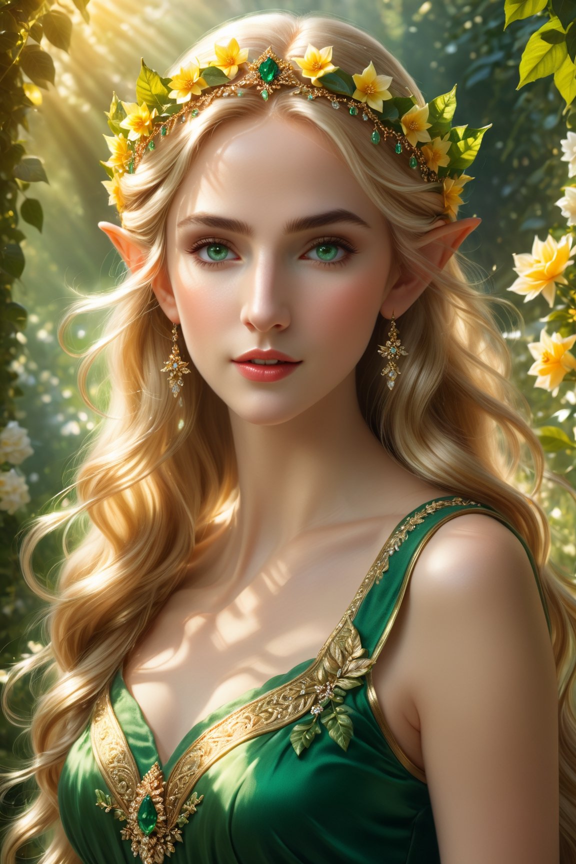 (best quality, 4k, 8k, highres, masterpiece:1.2), ultra-detailed, portrait of an elf, beautiful detailed eyes, beautiful detailed lips, extremely detailed face, flowing golden hair, royal majestic appearance, ethereal beauty, soft and radiant skin, emerald green dress, golden crown adorned with jewels, standing in a blooming flower garden, with vibrant flowers and lush greenery, soft sunlight casting a warm glow, peaceful and serene atmosphere, inspired by classical oil paintings, with a touch of fantasy and mythology, rich and vibrant colors, harmonious color palette, symbol of love, beauty, and fertility, graceful posture and elegant gestures, exuding confidence and power,